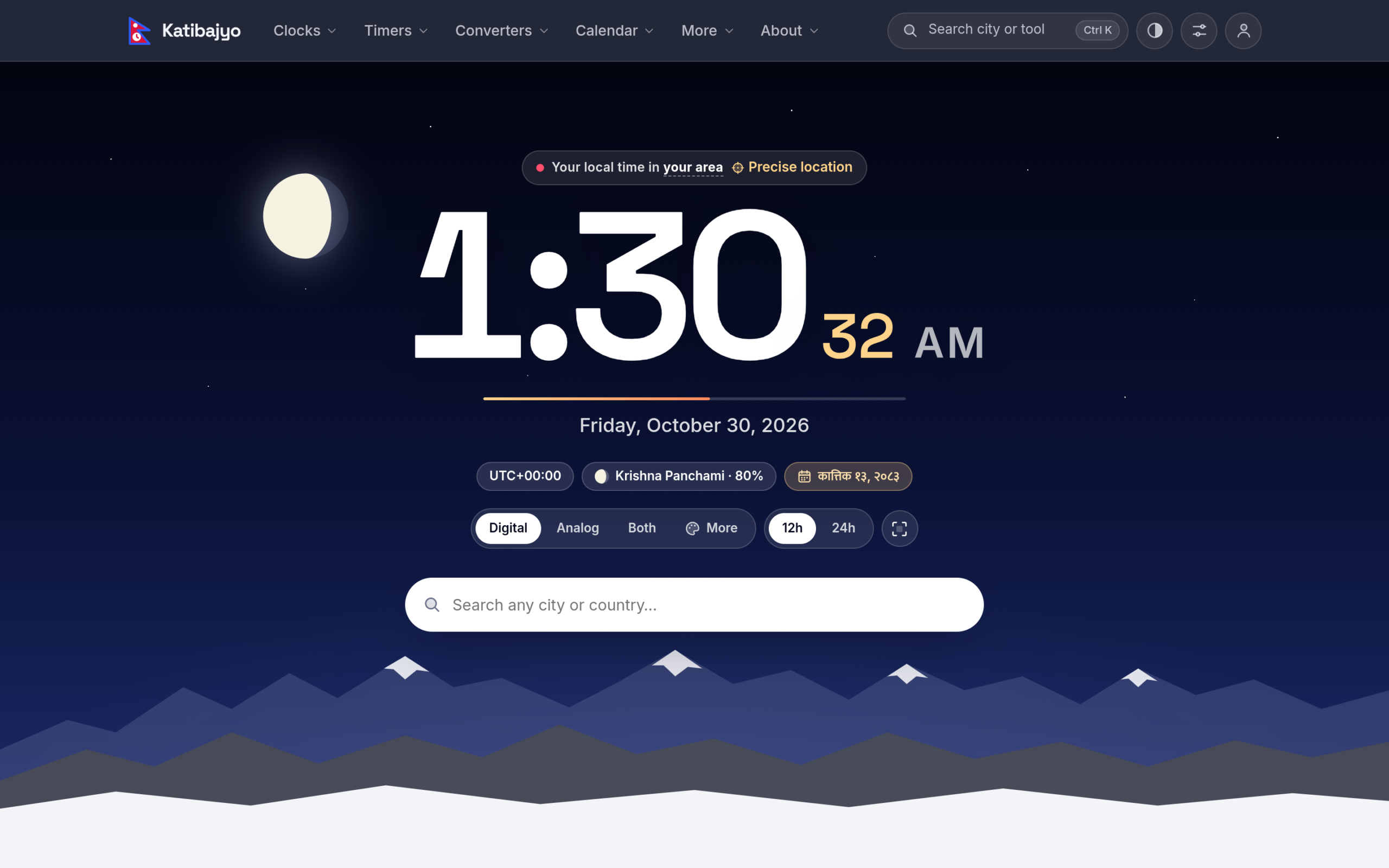 Katibajyo homepage showing the current time, Nepali and English dates and world time tools