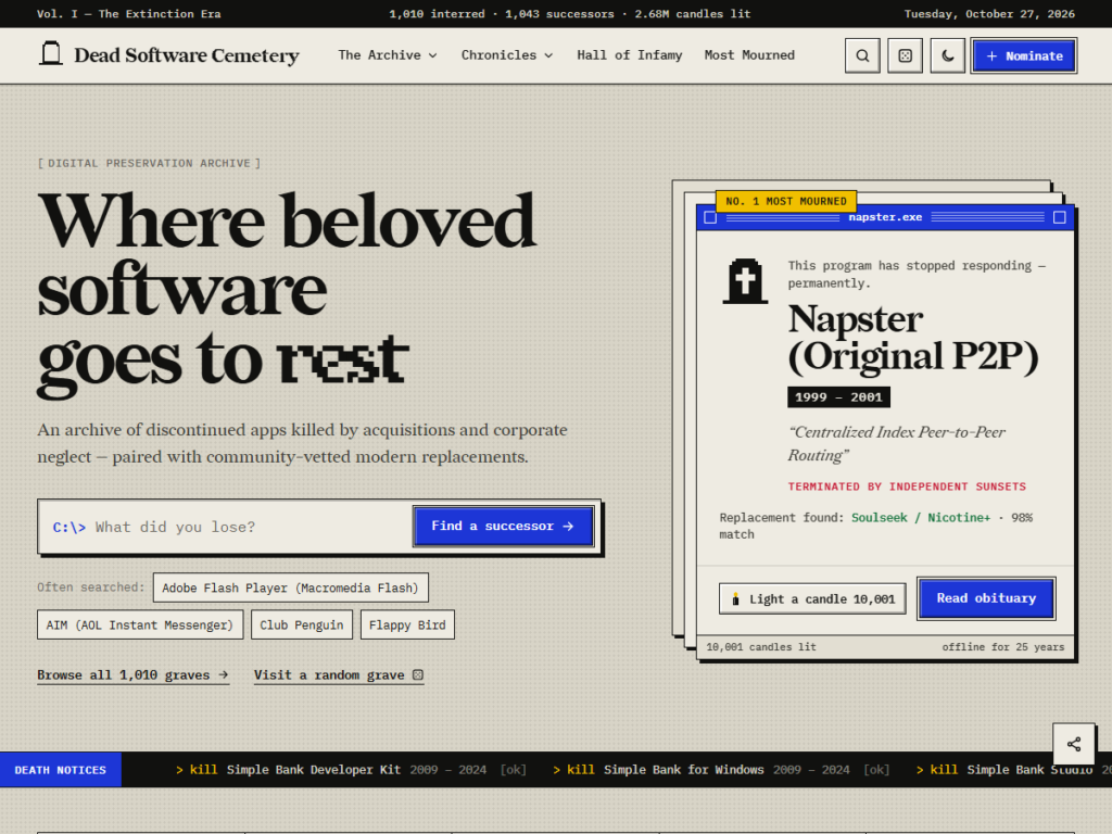 Design preview of the Dead Software Cemetery website theme